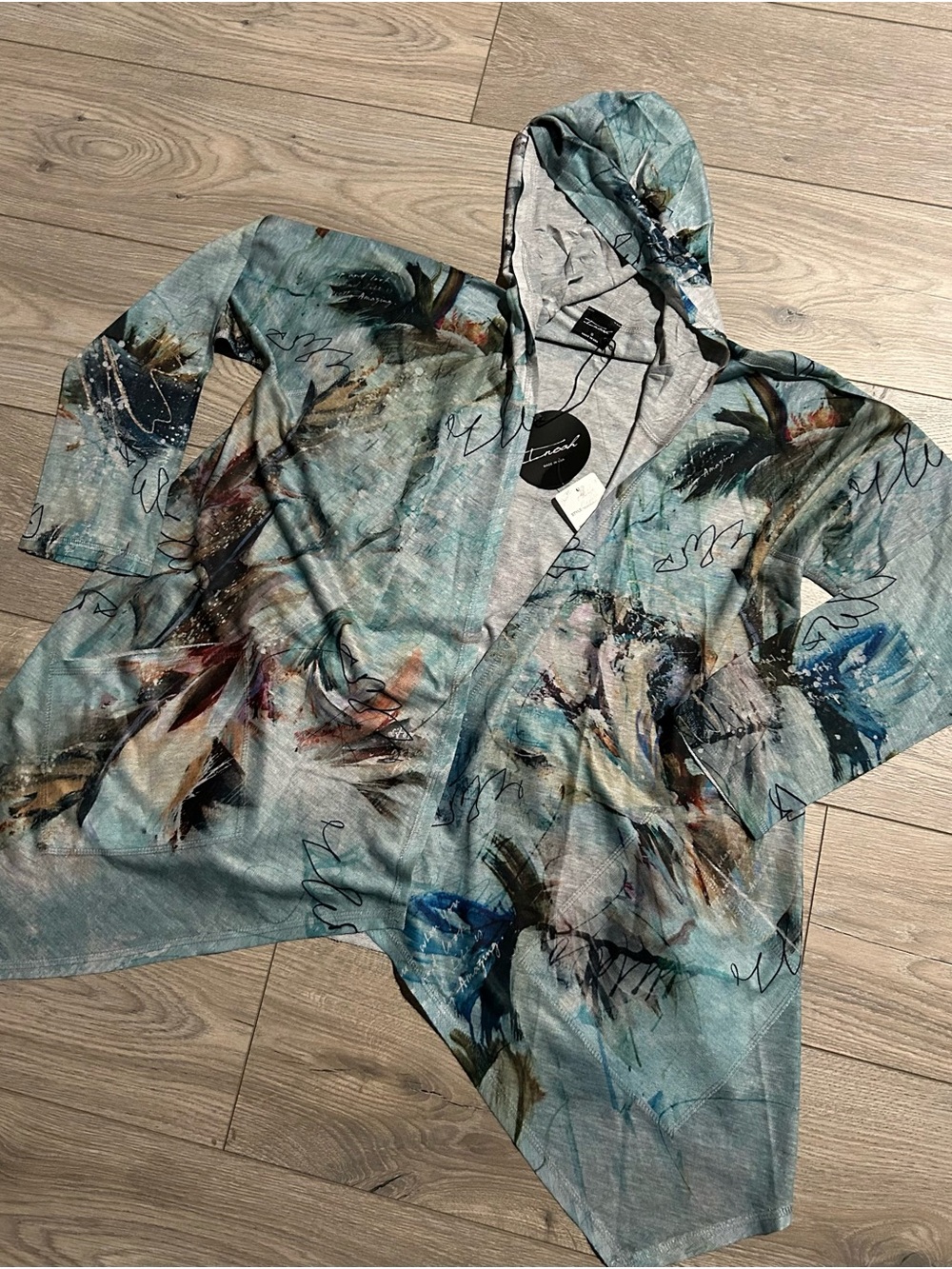 Inoah Abstract Art to wear Hooded Open Front Cardigan Duster Size Small New